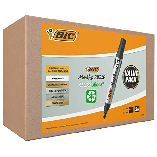 BIC Marking 2300 Permanent Marker, in Schwarz, Wasserfester Stift auch für Karton, Glas und Kunststoff, mit Keilspitze, 36er Pack von BIC
