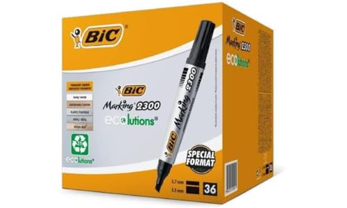 BIC Marking 2300 Permanent Marker, in Schwarz, Wasserfester Stift auch für Karton, Glas und Kunststoff, mit Keilspitze (Ecolutions), 36er Pack von BIC