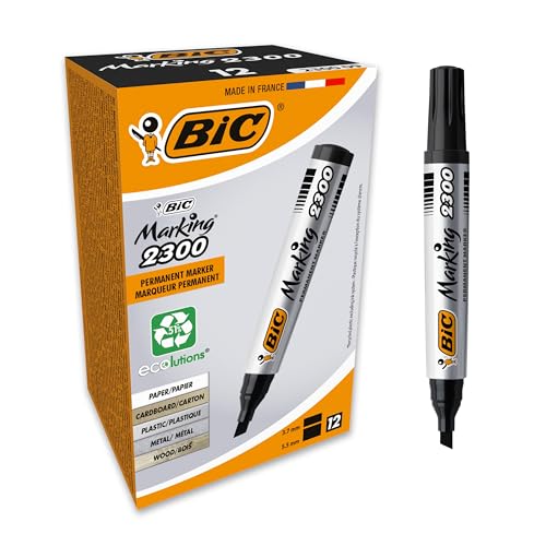 BIC Marking 2300 Permanent Marker, in Schwarz, Wasserfester Stift auch für Karton, Glas und Kunststoff, Strichstärke 3.7 mm, 12er Pack von BIC