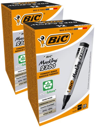 BIC Marking 2300 Permanent Marker, in Schwarz, Wasserfester Stift auch für Karton, Glas und Kunststoff, Strichstärke 3.7 mm, 2x 12er Pack von BIC