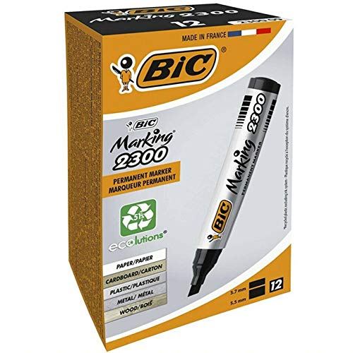 BIC Marking 2300 Permanentmarker Spitze Meißel Schwarz 12Stück (S) (schwarz, Spitze, Meißel, Schwarz, Grau, 3,1 mm, 5,3 mm, Karton, Glas, Metall, Papier, Kunststoff) von BIC