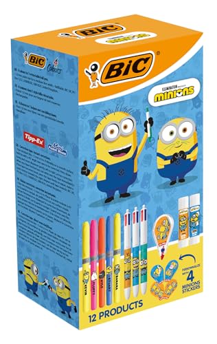 BIC Minions Schreibwaren-Set, limitierte Edition, 4 Farben, Kugelschreiber, mittlere Spitze (1,0 mm)/Textmarker, abgeschrägte Spitze, Korrekturmaus, 6 m, Klebestifte/Aufkleber – Box mit 12 Stück von BIC