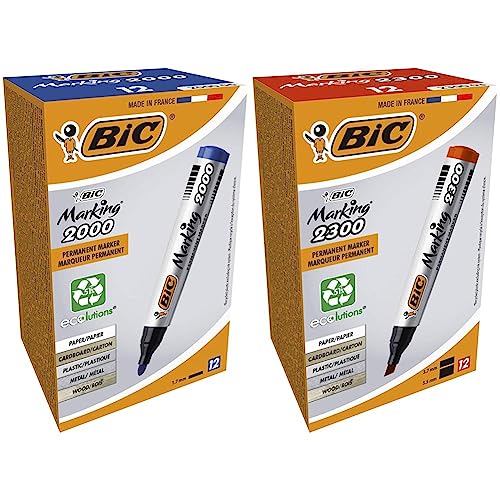 BIC Permanent Marker Marking 2000 ECOlutions in einer Schachtel à 12 Stück & Marking 2300 Permanent Marker, in Rot, 12er Pack, Wasserfester Stift auch für Karton von BIC