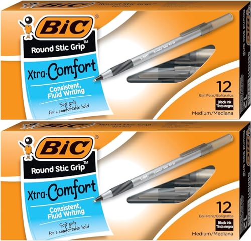 BIC Round Stic Grip Xtra Comfort Kugelschreiber, mittlere Spitze (1,2 mm), Schwarz, 12 Stück, 2 Stück von BIC