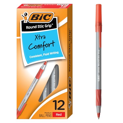 Bic Round Stic Grip Xtra Comfort Kugelschreiber, mittlere Spitze (1,2 mm), Rot, 12 Stück von BIC