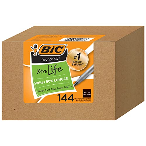 BIC Round Stic Xtra Life Kugelschreiber, Mittelgroße Spitze 144 Count Schwarz von BIC