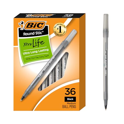 BIC Round Stic Xtra Life Kugelschreiber, Mittelgroße Spitze 36 Count Schwarz von BIC