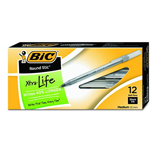 BIC Round Stic Xtra Life Kugelschreiber, mittlere Spitze, 1,0 mm, Schwarz, 12 Stück von BIC