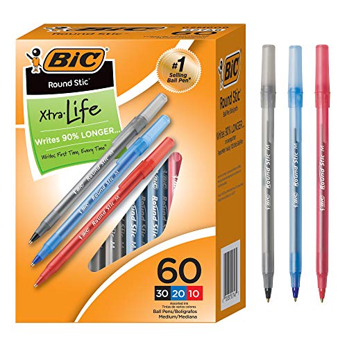 BIC Round Stic Xtra Life Kugelschreiber, mittlere Spitze (1,0 mm), verschiedene Farben, flexibler runder Schaft für Schreibkomfort, 9 Stück, insgesamt 540 Stück von BIC