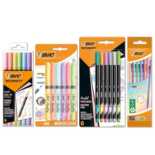 BIC Schreibwaren Set Pastell à 23: 6 Textmarker, 5 Fineliner, 6 Bleistifte, 6 Dual Tip Brush Pens, jeweils in verschiedenen Pastellfarben von BIC