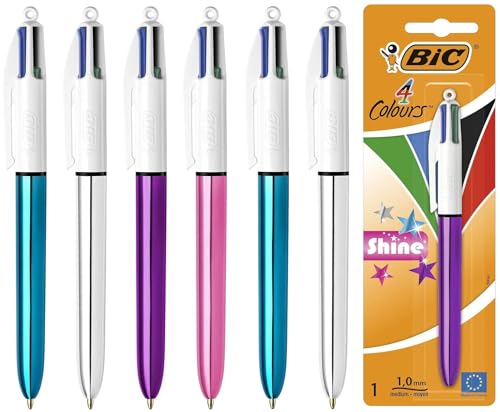 BIC Shine All-in-One-Kugelschreiber, einziehbar, 4 Farben, 6 Stück, schwarz, blau, grün und rot, mittlere Spitze 1,0 mm, verschiedene Metallfassungen BIC Shine All-in-One-Kugelschreiber, einziehbar, 4 Farben, 6 Stück, schwarz, blau, grün und rot, mittlere Spitze 1,0 mm, verschiedene Metallfassungen von BIC