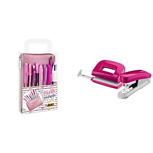 BIC Stifte Set: 2 Kugelschreiber, 1 Federmäppchen, 1 Fineliner, 2 Bleistifte, 1 Tintenroller & 3 Permanent Marker, Pink & Purple Set & Novus Schreibtisch Set (Heftgerät E 15 mit Locher E 210) pink von BIC