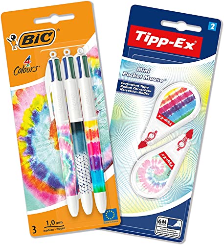 BIC 4 Colours 4 Farben Kugelschreiber und Korrekturroller Schreibwaren Set, in Tie Dye Batik Optik, 3 Stifte und 2 Korrekturmäuse von BIC