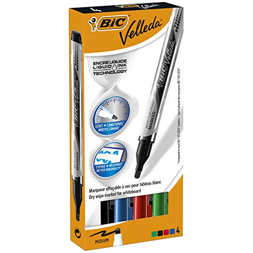 BIC Velleda Liquid Ink, Whiteboard Marker, in 4 verschiedenen Farben, Leicht abwischbar, Strichstärke: 2,2 mm, Blau/Schwarz/Rot/Grün von BIC