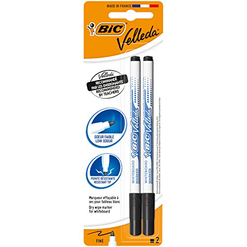 BIC Velleda Whiteboard-Stifte, trocken abwischbare Marker in schwarz, geruchsarm und mit widerstandsfähiger, dünner Spitze, 2 Stück von Bic