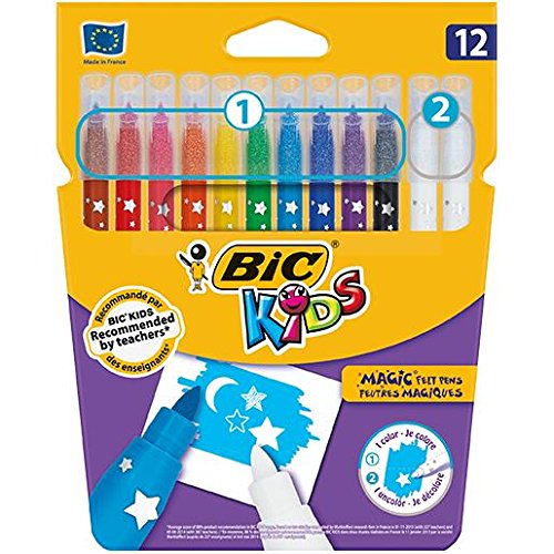 BIC ZauberFasermaler KIDS MAGIC 0,8 mm, 12-farbiges Kartonetui mit 10 Farben + 2 Radierern von BIC