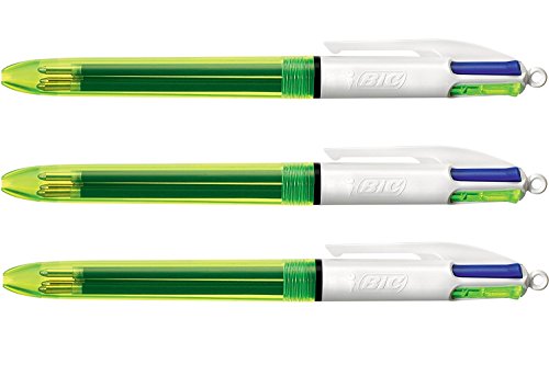 BIC vier Farben Kugelschreiber Fluo/Kugelschreiber dokumentenecht mit roter, blauer, schwarzer und neongelber Mine mit Highlight-Funktion/Blister á 1 Stück (3) von BIC