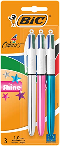 BIC 4 Farben Kugelschreiber Set 4 Colours Shine, Schaft in verschiedenen Farben, 3er Pack, nachfüllbar, Ideal für das Büro, das Home Office oder die Schule, 1 stück (3er Pack) von BIC