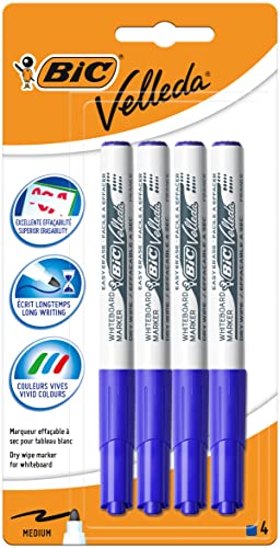 Bic Velleda 1741 Filzstift, trocken abwischbar, mittel, Blau, Blister-Packung, 4 Stück von BIC