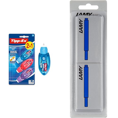 Tipp-Ex Korrekturroller Micro Tape Twist mit Schutzkappe, in 3 Farben & Lamy T10 Tintenpatrone 2er Set - Großraumpatronen in der Farbe blau Patronenfüllhaltermodelle - Im Blister 10 Stück von BIC
