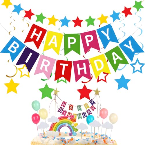Regenbogen-Geburtstagsparty-Dekorationsset, bunt, Happy Birthday-Banner, Kuchendekoration, Sternform, Girlande, Sterne, hängende Wirbel für Damen und Herren, Geburtstagsparty-Dekoration Regenbogen-Geburtstagsparty-Dekorationsset, bunt, Happy Birthday-Banner, Kuchendekoration, Sternform, Girlande, Sterne, hängende Wirbel für Damen und Herren, Geburtstagsparty-Dekoration von BIEUFBJI