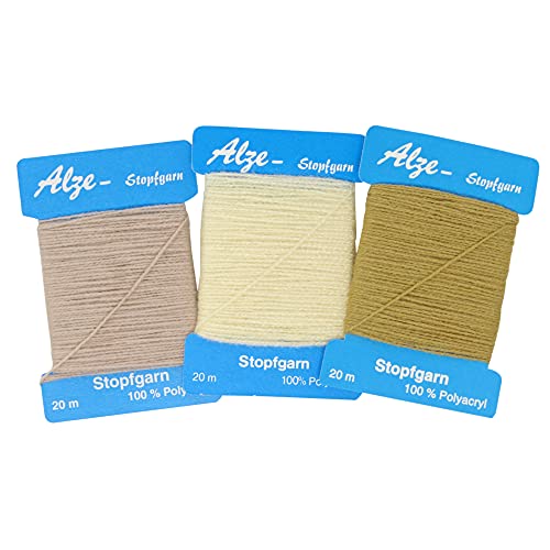 3er Set Stopfgarn | zum Stopfen und ausbessern von Löchern, Laufmaschen und bei Strickwaren | auch als Beilaufgarn zu verwenden | 20 Meter pro Karte | 100% Polyacryl (Beige - Gelb- Ecru) von BIG-SAM