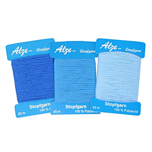 3er Set Stopfgarn | zum Stopfen und ausbessern von Löchern, Laufmaschen und bei Strickwaren | auch als Beilaufgarn zu verwenden | 20 Meter pro Karte | 100% Polyacryl (Blau - Hellblau - Pastellblau) von BIG-SAM