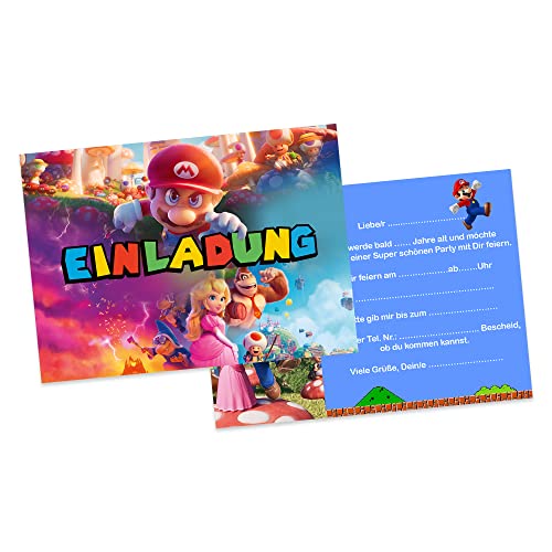 BIGADO 12 Einladungskarten kompatibel mit Super Mario Einladungskarten im DIN A6 Postkarten Einladungskarten Super Mario Format schöne Hochglanz Front Super Mario Einladungskarten Kindergeburtstag von BIGADO