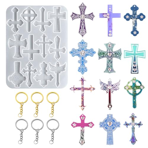 Kreuz-Harzform, Silikon-Kreuzformen-Set für Schlüsselanhänger, Armband, Ohrringe, Halskette, Anhänger, Schmuckherstellung, Geschenk (jeweils 1 Form x 3 Stück in Nickelfarbe und goldener von BIGEBO