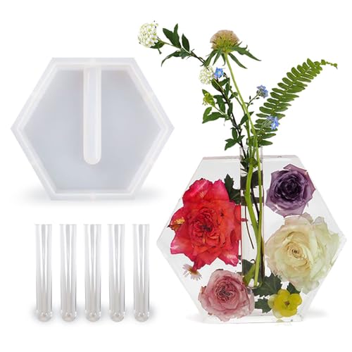 Sechseckige Silikonformen für Harz, Blumen-Pflanzgefäß, Vase, Silikonformen mit 5 Reagenzgläsern für Kunstharz, Basteln, Blumentopf, Geschenk, Heimdekoration von BIGEBO