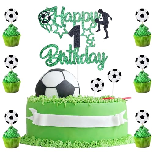 9 x Fußball-Kuchenaufsatz, personalisierbarer Kuchenaufsatz, 1. Geburtstag, 1 x doppelseitiger Glitzer-Kuchenaufsatz mit 8 Fußball-Cupcake-Dekorationen für Kinder, Jungen, Sport-Party-Zubehör, von BIGJIYU