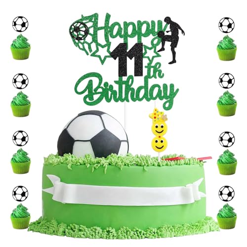 „BIGJIYU“ 10 Stück Fußball-Kuchenaufsatz, personalisierter Kuchenaufsatz, Kuchenaufsatz zum 11. Geburtstag, 1 Geburtstagskuchenkerze mit 8 Fußball-Kuchendekorationen für Kinder, Jungen, Sportpartyzub von BIGJIYU