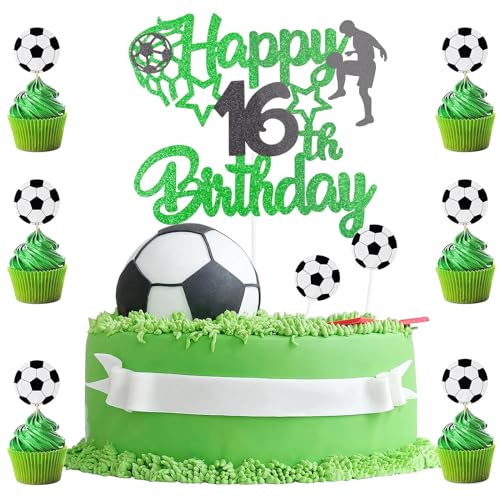 Tortenaufsatz zum 16. Geburtstag, Fußball, 16 Tortenaufsätze, 1 doppelseitiger Glitzer-Kuchenaufsatz mit 8 Fußball-Cupcake-Dekorationen für Kinder, Jungen, Sportparty, Geburtstag, 9 Stück von BIGJIYU