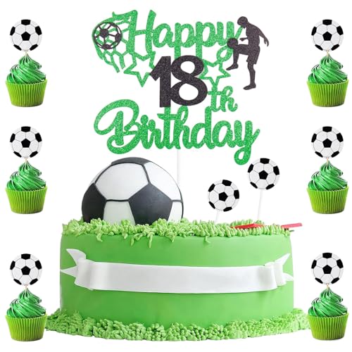 Tortenaufsatz zum 18. Geburtstag, Fußball-Motiv, 1 doppelseitiger Glitzer-Kuchenaufsatz mit 8 Fußball-Cupcake-Dekorationen für Kinder, Jungen, Sportparty, Geburtstag, 9 Stück von BIGJIYU