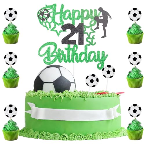 Tortenaufsatz zum 21. Geburtstag, personalisierbar, 1 doppelseitiger Glitzer-Kuchenaufsatz mit 8 Fußball-Cupcake-Dekorationen für Kinder, Jungen, Sportparty, Geburtstag, 9 Stück von BIGJIYU