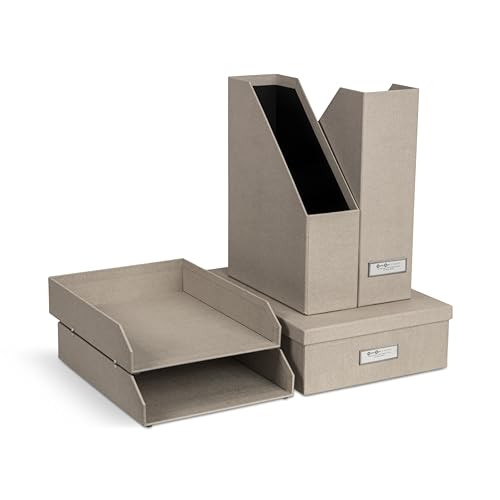 Bigso Box of Sweden HOLGER 5-teiliges Schreibtisch Set – Ordnungssystem mit 2 Stehsammlern, 2 Briefablagen und einer Box – Organizer aus Faserplatte und Papier in Leinenoptik – beige von BIGSO BOX OF SWEDEN