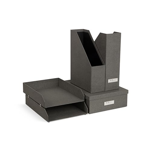 Bigso Box of Sweden HOLGER 5-teiliges Schreibtisch Set – Ordnungssystem mit 2 Stehsammlern, 2 Briefablagen und einer Box – Organizer aus Faserplatte und Papier in Leinenoptik – grau von BIGSO BOX OF SWEDEN