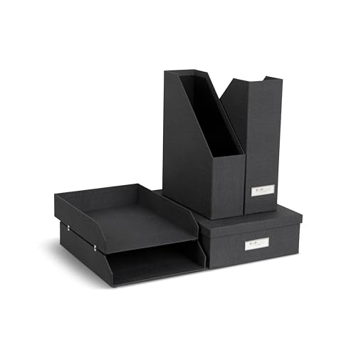 Bigso Box of Sweden HOLGER 5-teiliges Schreibtisch Set – Ordnungssystem mit 2 Stehsammlern, 2 Briefablagen und einer Box – Organizer aus Faserplatte und Papier in Leinenoptik – schwarz von BIGSO BOX OF SWEDEN