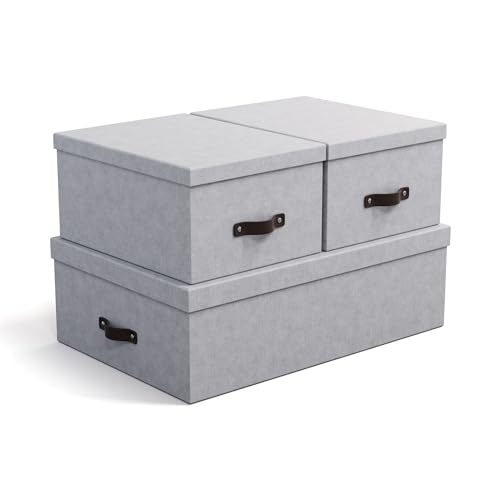 Bigso Box of Sweden INGE 3er-Set Aufbewahrungsboxen für das Schlaf-, Kinder-, Arbeits- oder Badezimmer – Ordnungsbox mit Deckel – Aufbewahrungskisten in Leinenoptik – hellgrau von BIGSO BOX OF SWEDEN