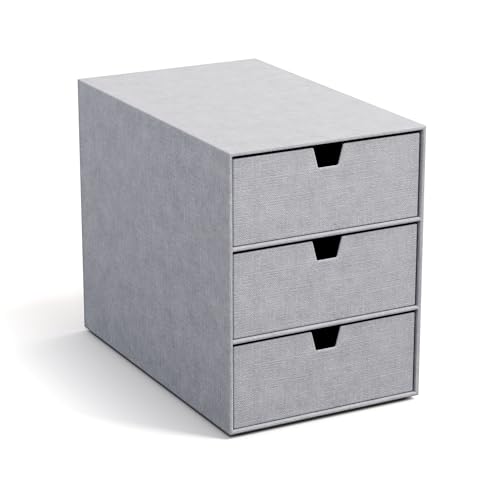 Bigso Box of Sweden INGRID Schubladenbox für Dokumente und Bürobedarf – Schreibtisch Organizer mit 3 Schubladen – Ablagesystem aus Faserplatte und Papier in Leinenoptik – hellgrau von BIGSO BOX OF SWEDEN