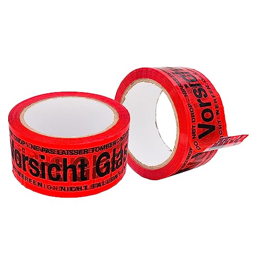 BIGtec 1 Rolle Paketklebeband Vorsicht Glas leise abrollend Klebeband Packband Paketband Verpackungsband Kartonband Standard 66m lang 48mm breit rot Verpackungsmaterial Paket Karton von BIGtec