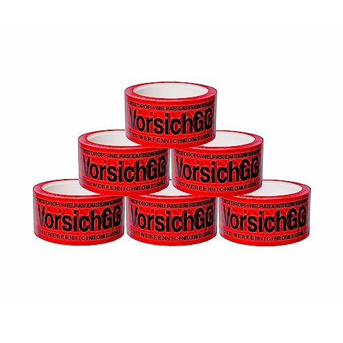 BIGtec 6 Rollen Paketklebeband Vorsicht Glas leise abrollend Klebeband Packband Paketband Verpackungsband Kartonband Standard 66m lang 48mm breit rot Verpackungsmaterial Paket Karton von BIGtec