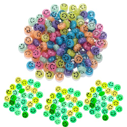 BIHOOA 200 Stück 6 x 10 mm Smiley-Perlen, die im Dunkeln leuchten, leuchtende runde Pony-Perlen, runde Acrylperlen für die Schmuckherstellung, Armbandherstellung von BIHOOA