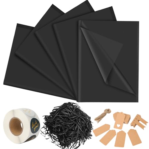 100 Blatt Seidenpapier Schwarz, 50 x 35cm Seidenpapier zum Verpacken, Transparentpapier Verpackungsmaterial mit Anhänger und Bast, Tissue Paper für DIY Deko, Basteln, Geschenkverpackungen Füller 100 Blatt Seidenpapier Schwarz, 50 x 35cm Seidenpapier zum Verpacken, Transparentpapier Verpackungsmaterial mit Anhänger und Bast, Tissue Paper für DIY Deko, Basteln, Geschenkverpackungen Füller von BILIPLE