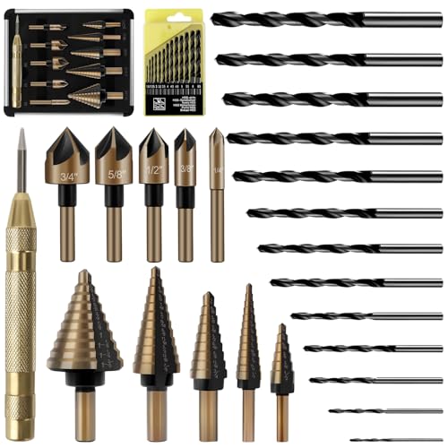 5 Stück Stufenbohrer(5-13 mm, 3-13 mm, 6-19 mm, 5-22 mm, 6-35 mm) und 5-Teiliges Senker-Bit-Set(6-19mm), 1 Automatischer Körner, 13 Spiralbohrer Set(1,5-6,5mm), für Dünne Eisenplatte, Holz, Kunststoff von BILIPLE