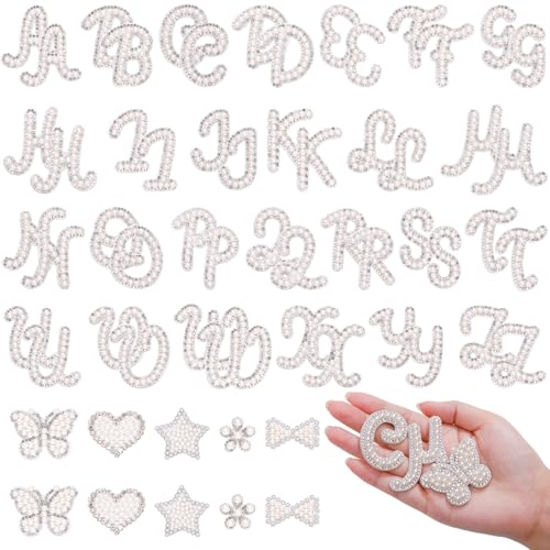 62 selbstklebende Perlen-Patches (A-Z), Zahlenaufnäher 0–9, Glitzer-Perlen, Buchstaben-Aufnäher, Strass-Applikation für selbstgemachte Kleidung, Taschen, Schuhe, Weiß von BINBE