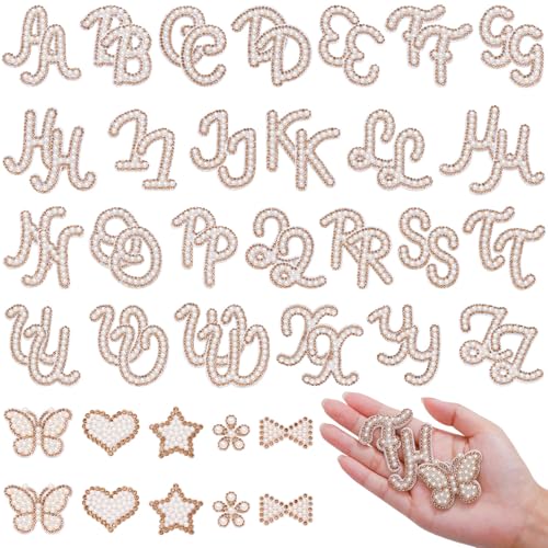 62 selbstklebende Perlen-Patches (A-Z), Zahlenaufnäher 0–9, Glitzer-Perlen, Buchstaben-Aufnäher, Strass-Applikation für selbstgemachte Kleidung, Taschen, Schuhe, goldfarben von BINBE