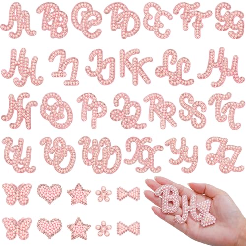Selbstklebende Perlen-Patches (A-Z), Zahlen 0–9, Glitzer-Perlen, Buchstaben-Aufnäher, Strass-Applikation für selbstgemachte Kleidung, Taschen, Schuhe, Rosa, 62 Stück von BINBE