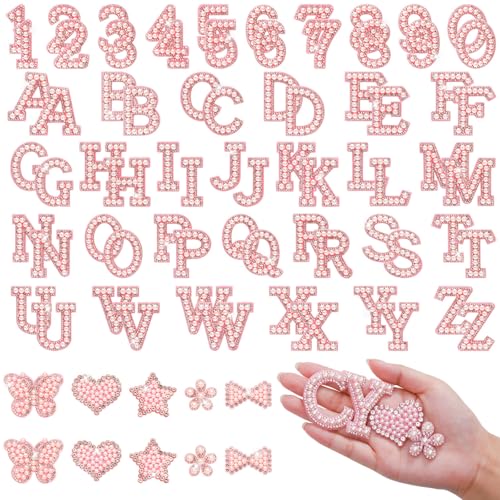 Selbstklebende Perlen-Patches (A-Z), Zahlenaufnäher 0–9, Glitzer-Perlen-Aufnäher, Strass-Applikation für selbstgemachte Kleidung, Taschen, Schuhe, Rosa, 82 Stück von BINBE