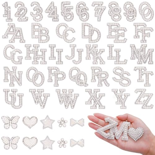 Selbstklebende Perlen-Patches (A-Z), Zahlenaufnäher 0–9, Glitzer-Perlen-Aufnäher, Strass-Applikation für selbstgemachte Kleidung, Taschen, Schuhe, Weiß, 82 Stück von BINBE